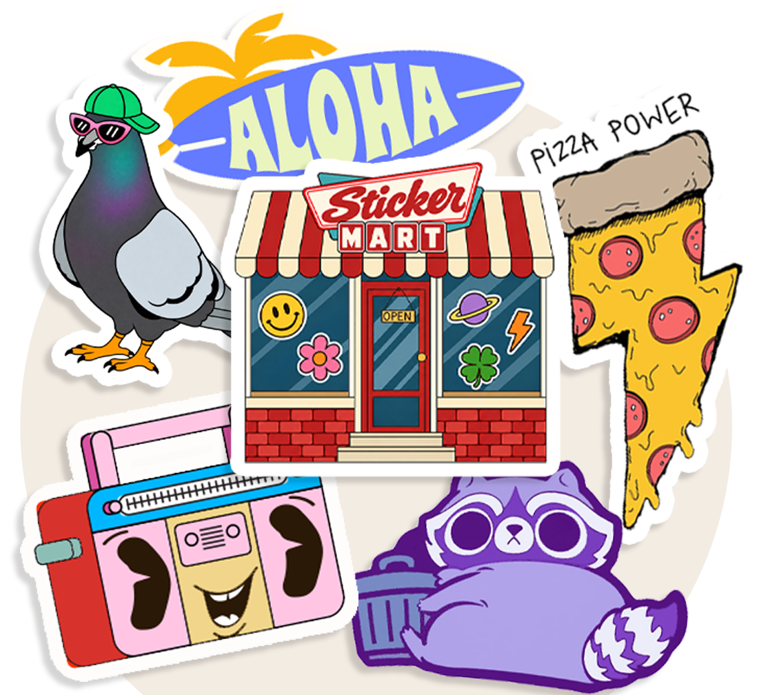 Colorful custom stickers surrounding a StickerMart storefront.