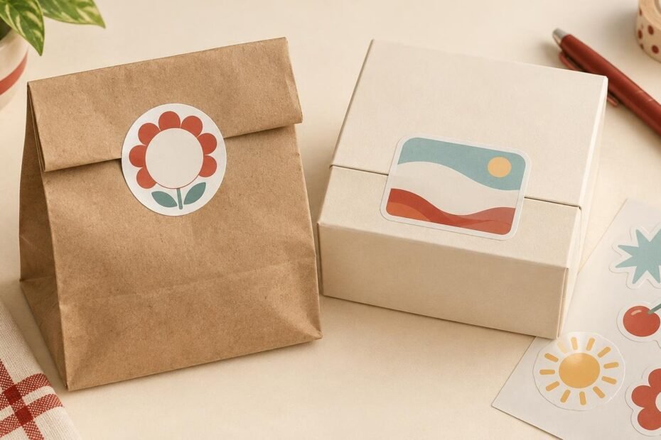 Kraft paper bag and cream box sealed with colorful blank decorative stickers on a warm neutral tabletop, with a partially visible sheet of flower, cherry, sun and starburst stickers beside them.